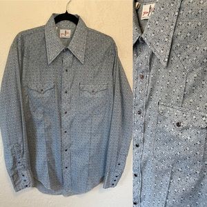 VTG 60s Tem Tex Western Pearl Snap Unique Geometric Print Blue
